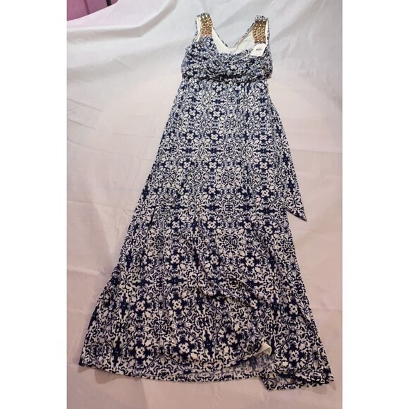 Jessica Simpson Dress maxi Blouson Belt Gown M Gold Chain elastic wedding Greek - Picture 8 of 16